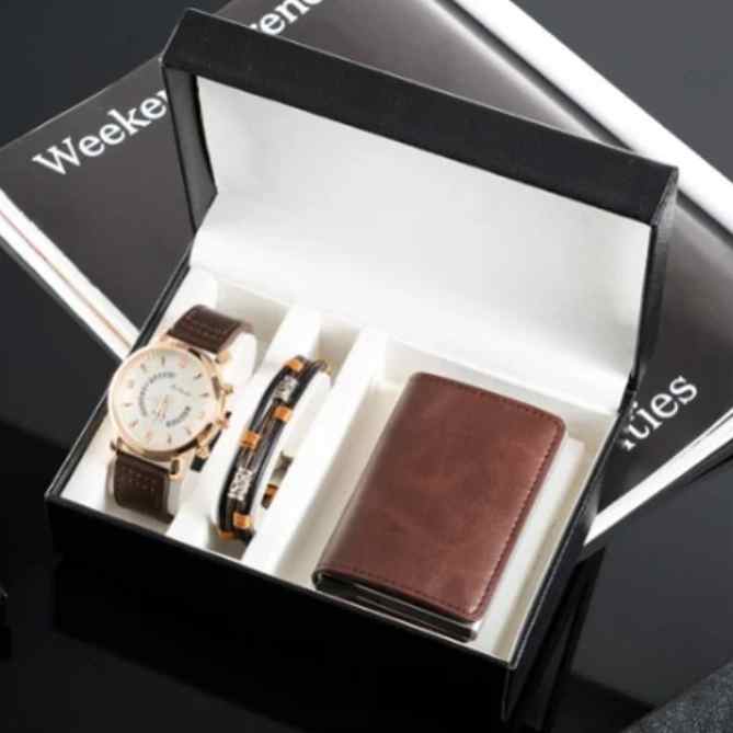 Gift Set - Wrist Watch, Bracelet And Card Case -Black + Gift Box - Brown